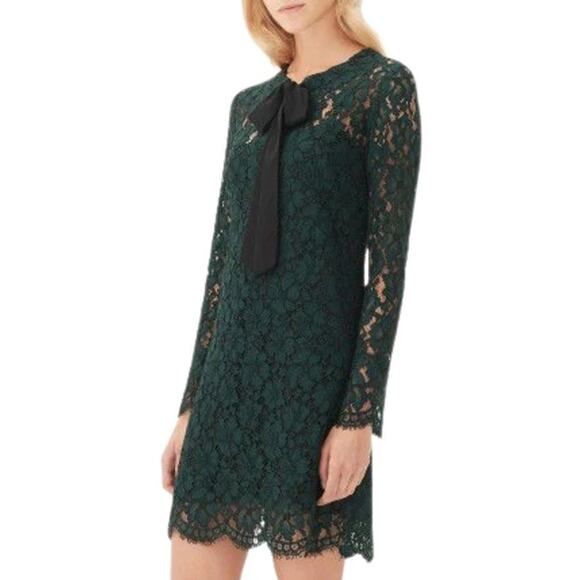 SANDRO Lace Dress Womens Small Green Long Sleeve Tie Neck Mini Sheath - Picture 2 of 16